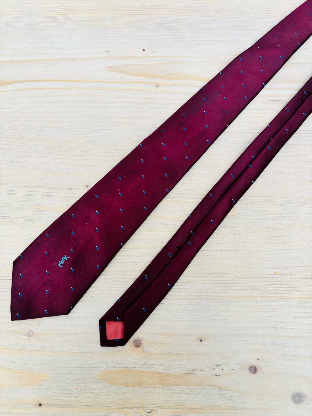 Yves Saint Laurent YSL Men’s Burgundy Silk Designer Necktie Blue Dot Tie